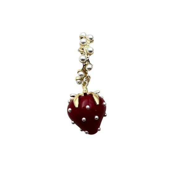 Womens Earrings Pierced Red Strawberry Faux Pearl Gold Tone Chandelier - Picture 3 of 4